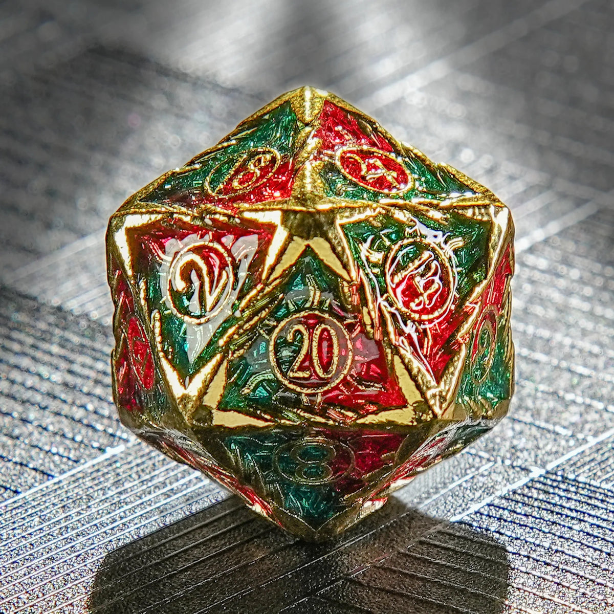 Dragon Metal DND Dice Set – Pattern Border – Dragon's Flame - Red and Green Solid Metal DND Dice Set