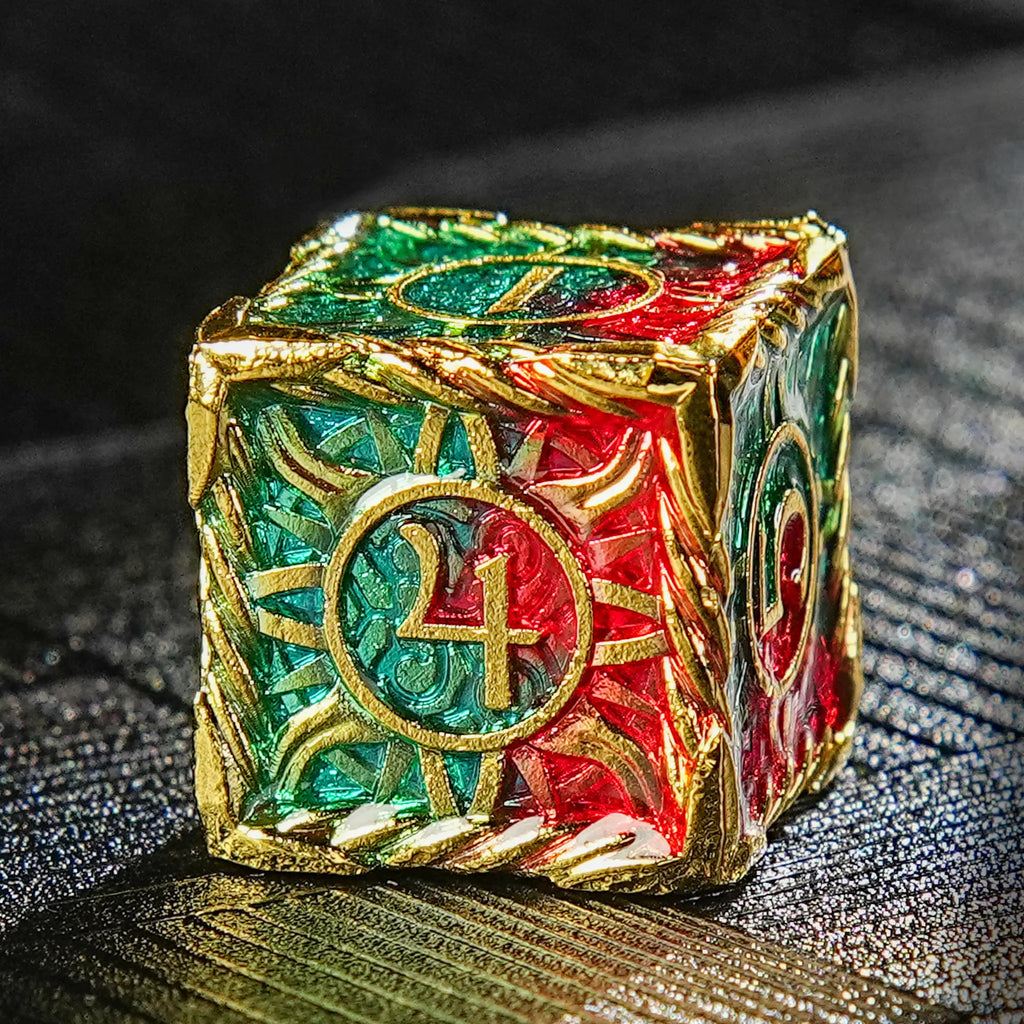 Dragon Metal DND Dice Set – Pattern Border – Dragon's Flame - Red and Green Solid Metal DND Dice Set