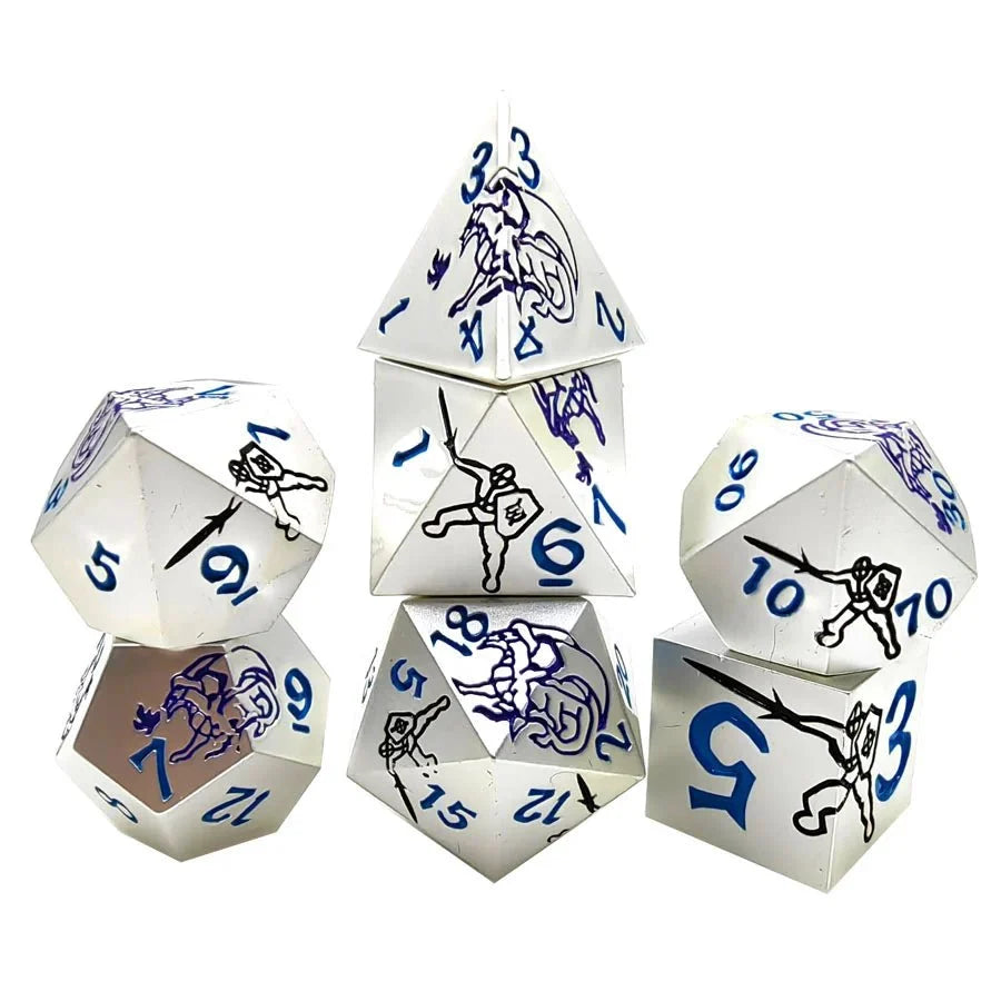 Dragon Metal DND Dice Set – Pattern – Purple Dragon and Black Warrior White Metal Solid DND Dice Set + Blue Font