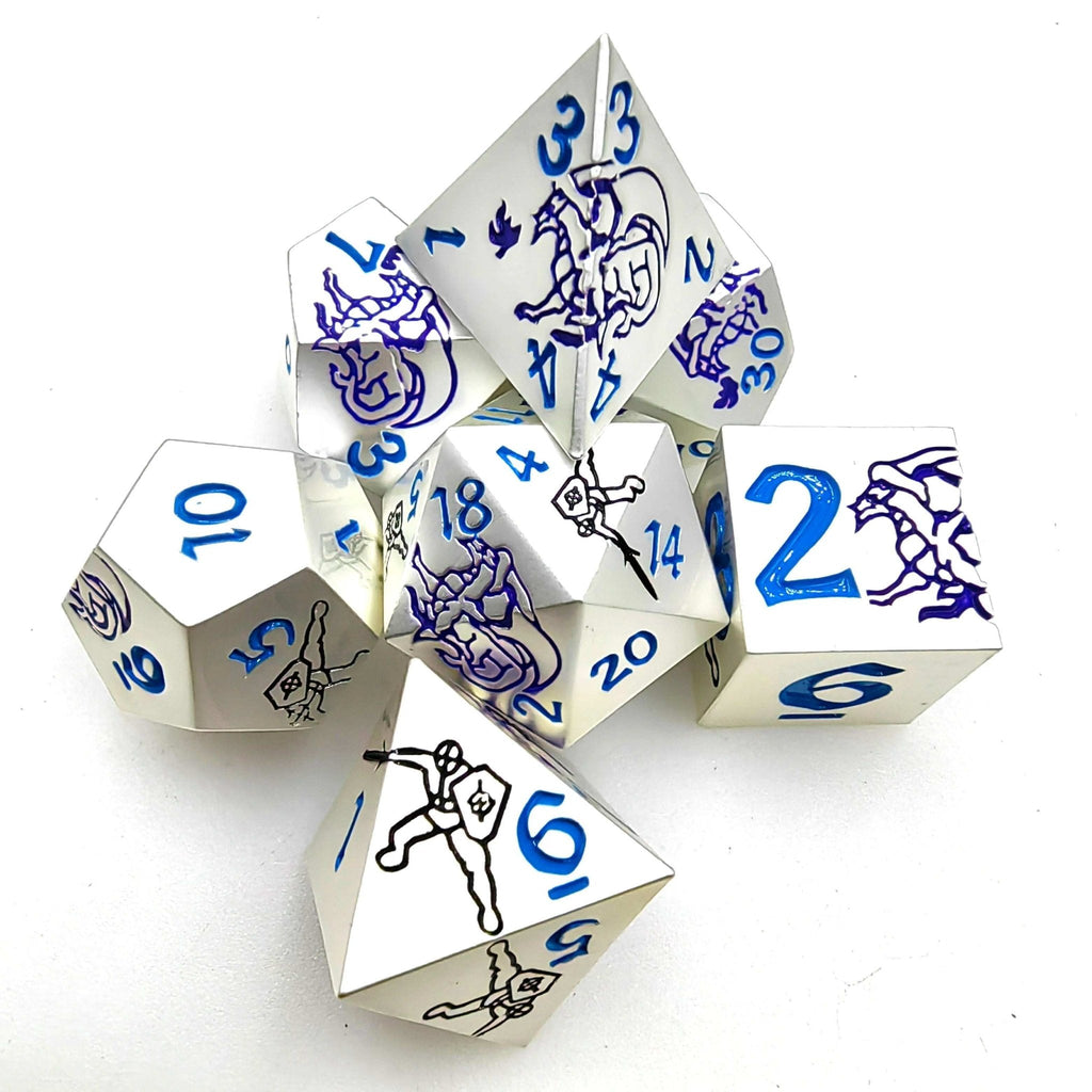 Dragon Metal DND Dice Set – Pattern – Purple Dragon and Black Warrior White Metal Solid DND Dice Set + Blue Font