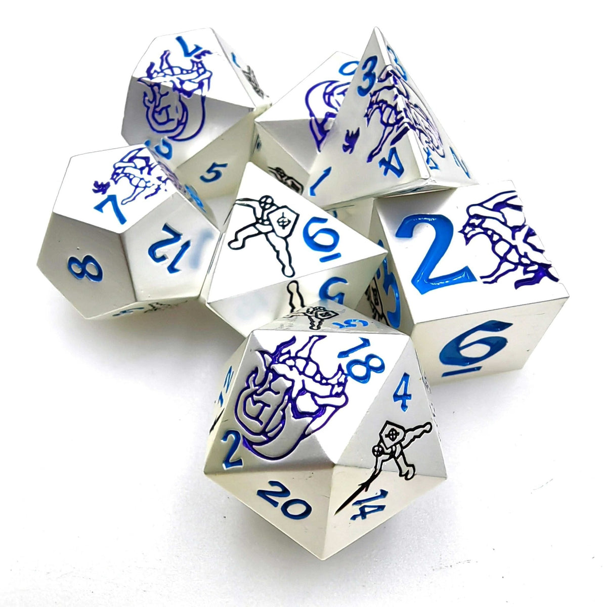 Dragon Metal DND Dice Set – Pattern – Purple Dragon and Black Warrior White Metal Solid DND Dice Set + Blue Font