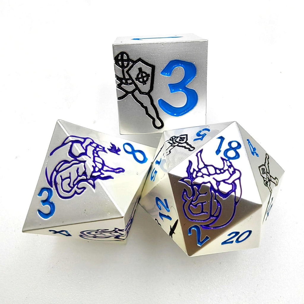 Dragon Metal DND Dice Set – Pattern – Purple Dragon and Black Warrior White Metal Solid DND Dice Set + Blue Font
