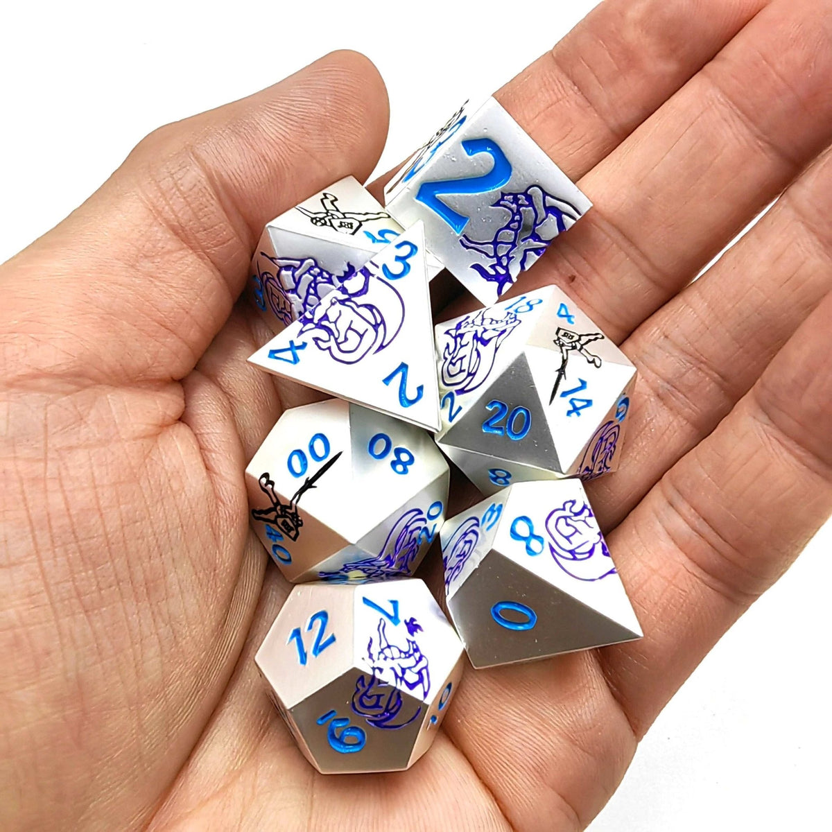 Dragon Metal DND Dice Set – Pattern – Purple Dragon and Black Warrior White Metal Solid DND Dice Set + Blue Font