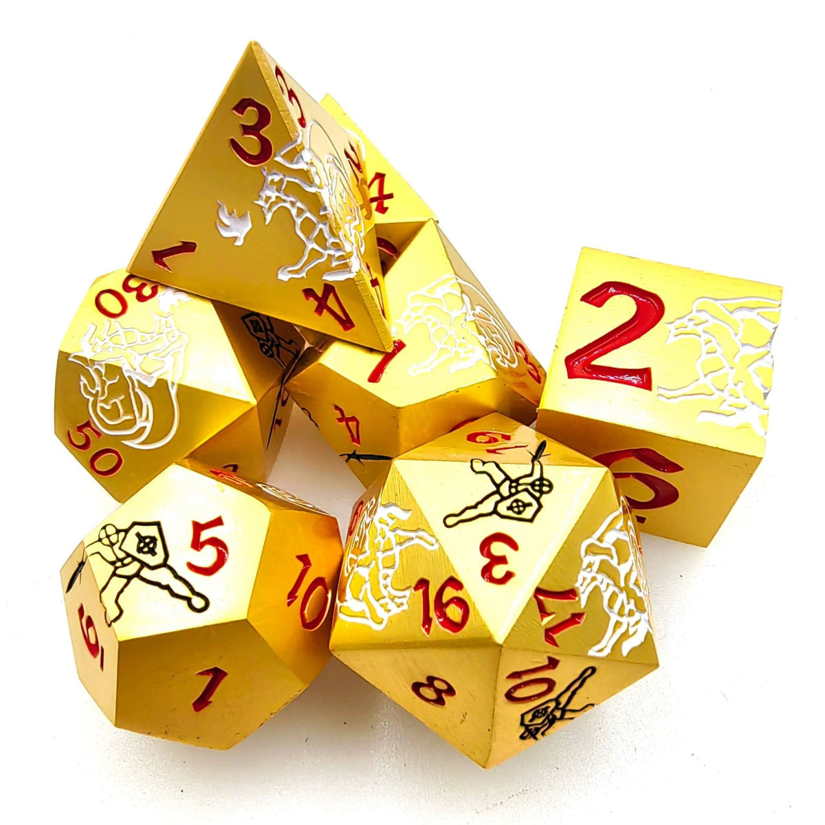 Dragon Metal DND Dice Set – Red Numbers – Seven Silver Dragon and Black Warrior gold metal DND dice (D4, D6, D8, D10
