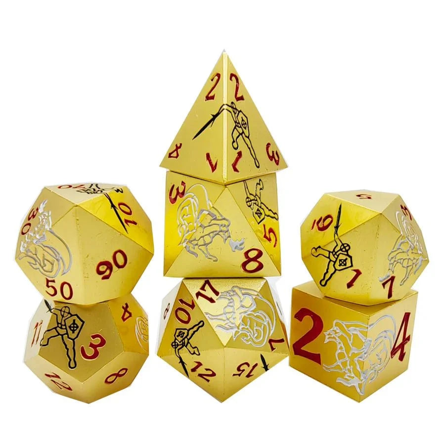 Dragon Metal DND Dice Set – Red Numbers – Silver Dragon and Black Warrior Gold Metal DND Dice Set + Red Numbers