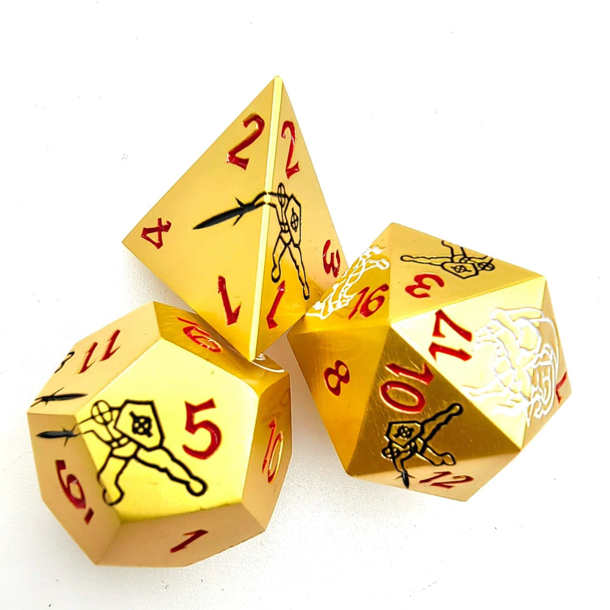 Dragon Metal DND Dice Set – Red Numbers – Silver Dragon and Black Warrior Gold Metal Solid DND D4, D12, and D20 Dice