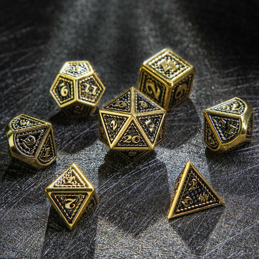 Dragon Metal DND Dice Set – Scale Imitation – Metal solid dragon scale imitation gold black dice set