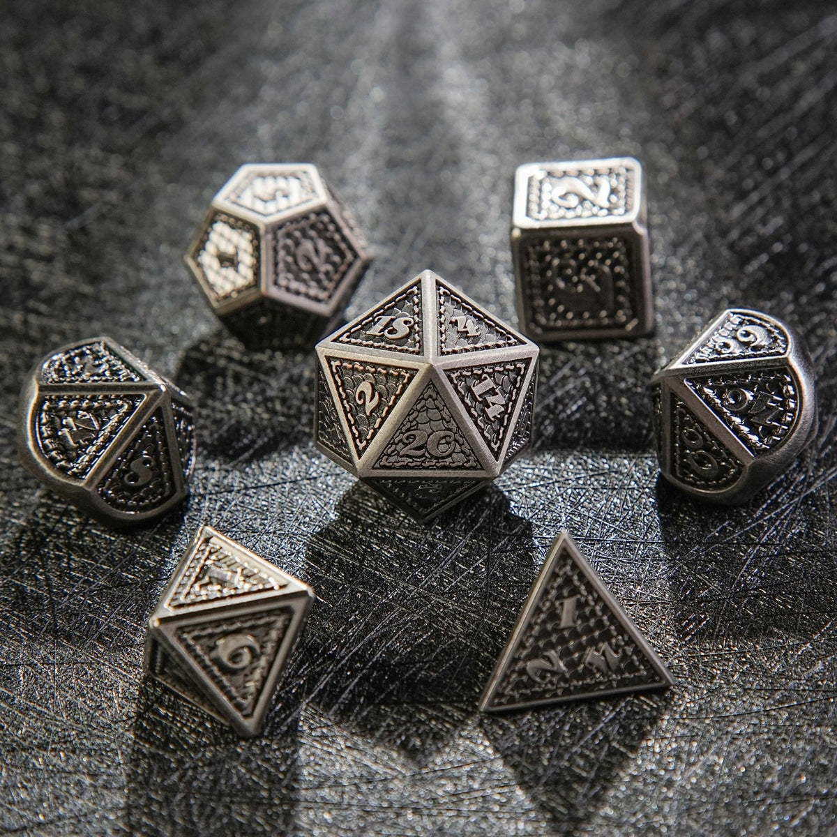 Dragon Metal DND Dice Set – Scale Polyhedron – Classic Polyhedron Vintage Dragon Scale Metal DND Dice Set