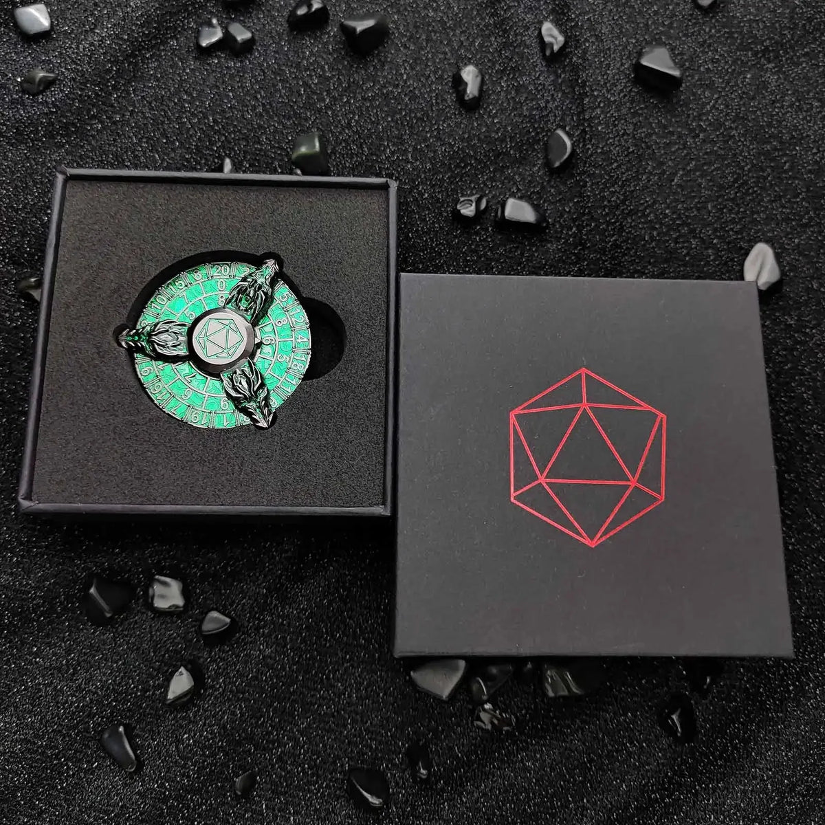 Dragon Metal Spinner Dice Set – Gyroscope Roulette – 7-in-1 black nickel green metal dragon head DND fidget spinner