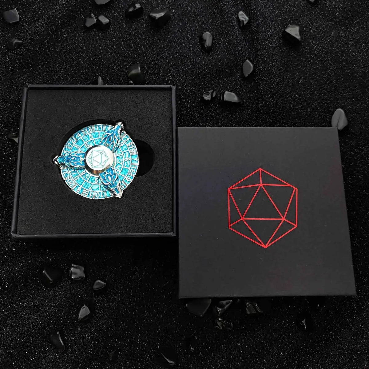 Dragon Metal Spinner Dice Set – Gyroscope Roulette – 7-in-1 Silver-blue Metallic Dragon Head DND Fidget Spinner Dice +