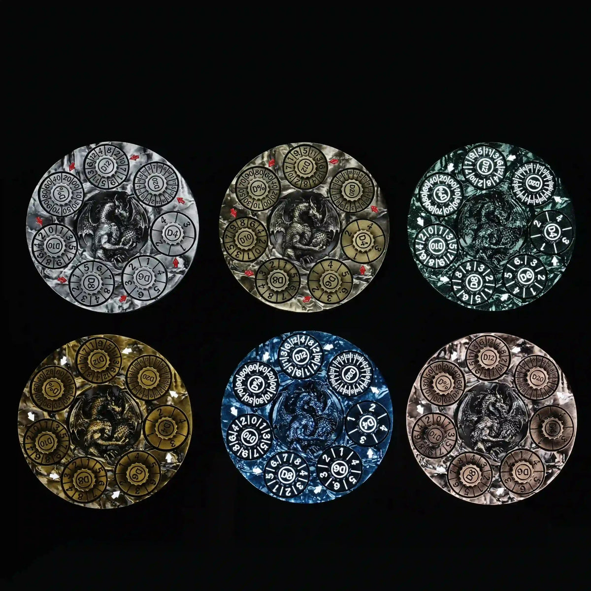 Dragon Metal Spinner Dice Set – Relief – Unique Dice Spinner: 6 different colors of 7-in-1 metal 3D embossed