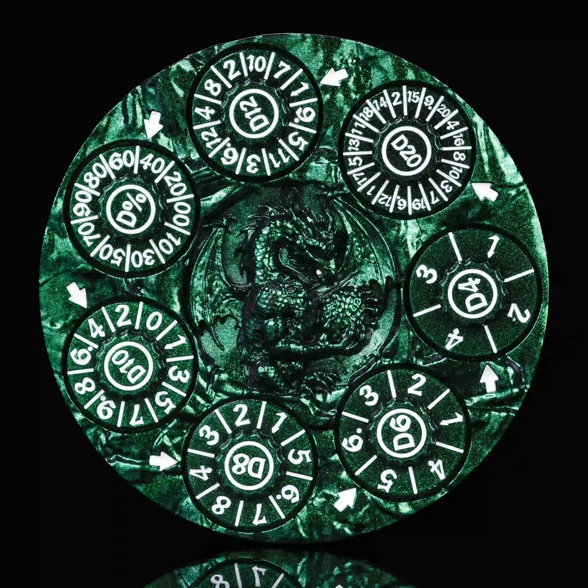 Dragon Metal Spinner Dice Set – Relief – Unique Dice Wheel: Green 7-in-1 Metal 3D Embossed Dragon DND Spinning Wheel