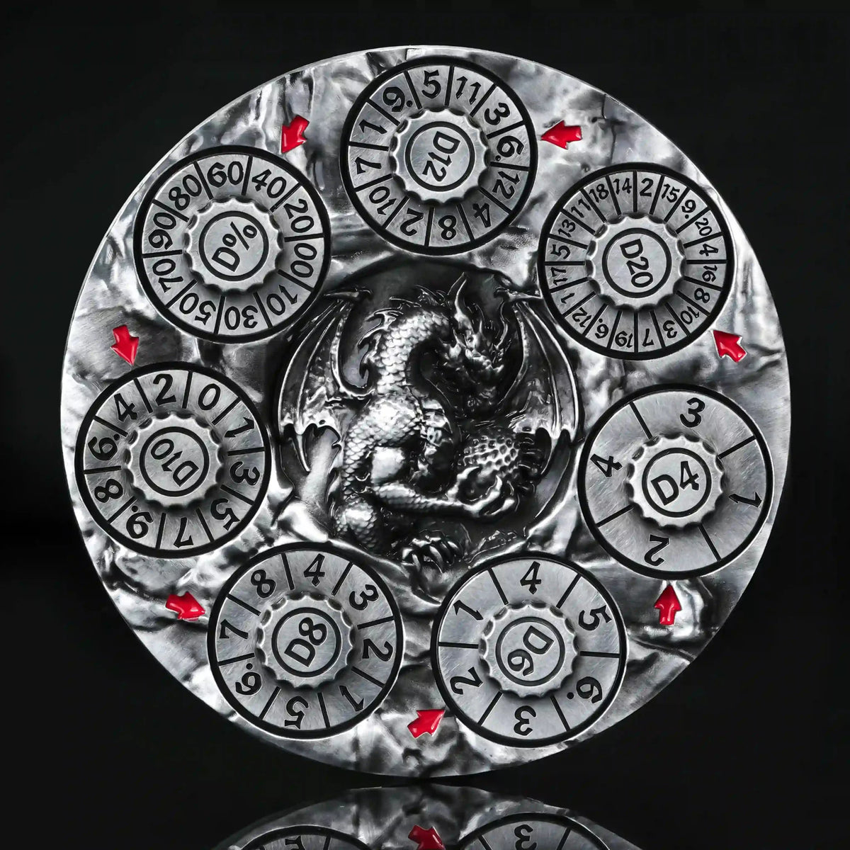 Dragon Metal Spinner Dice Set – Relief – Unique Dice Wheel: Silver 7-in-1 Metal 3D Embossed Pterodactyl DND Spinning