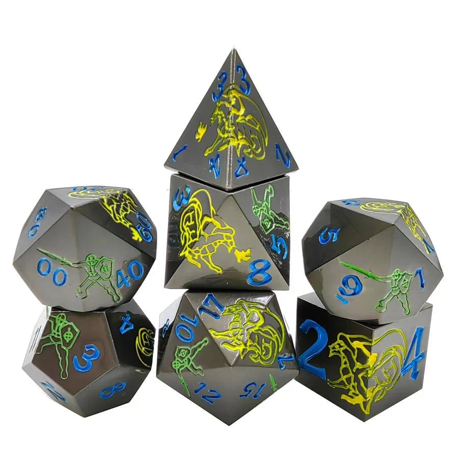 Dragon Warrior Black Metal DND Dice Set – Yellow Dragon and Warrior Black Metal Solid DND Dice Set + Blue Font