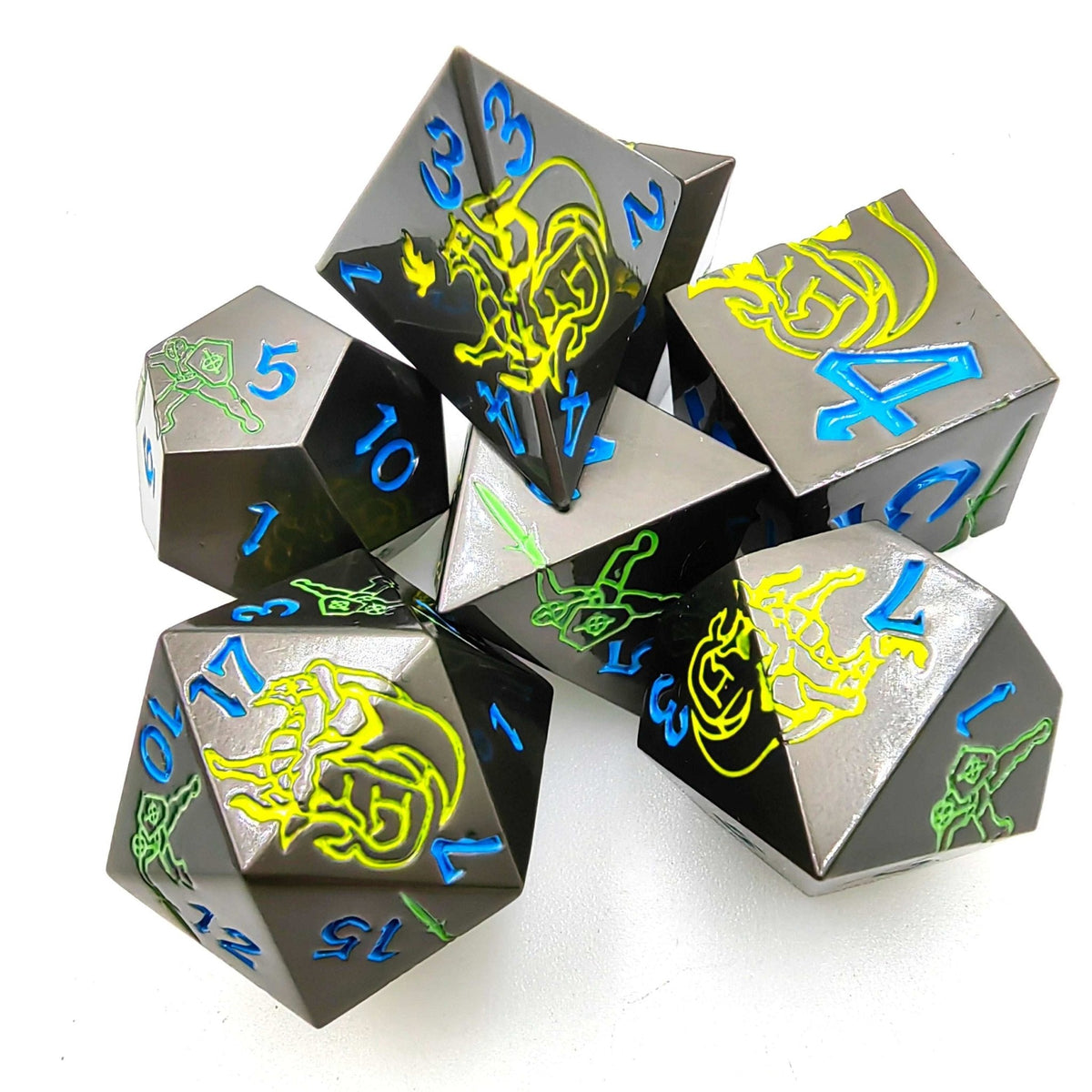Dragon Warrior Black Metal DND Dice Set – Yellow Dragon and Warrior Black Metal Solid DND Dice Set + Blue Font