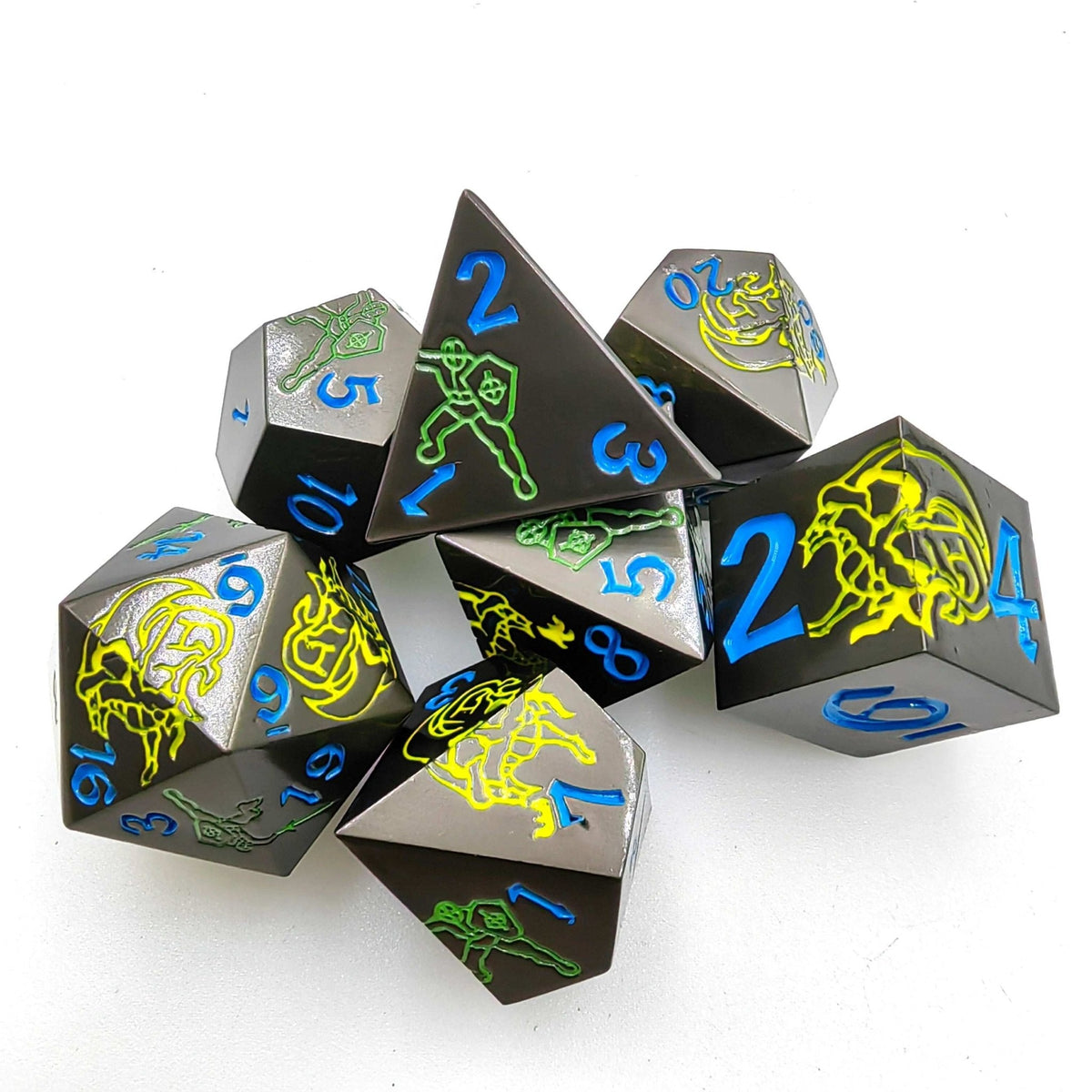 Dragon Warrior Black Metal DND Dice Set – Yellow Dragon and Warrior Black Metal Solid DND Dice Set + Blue Font