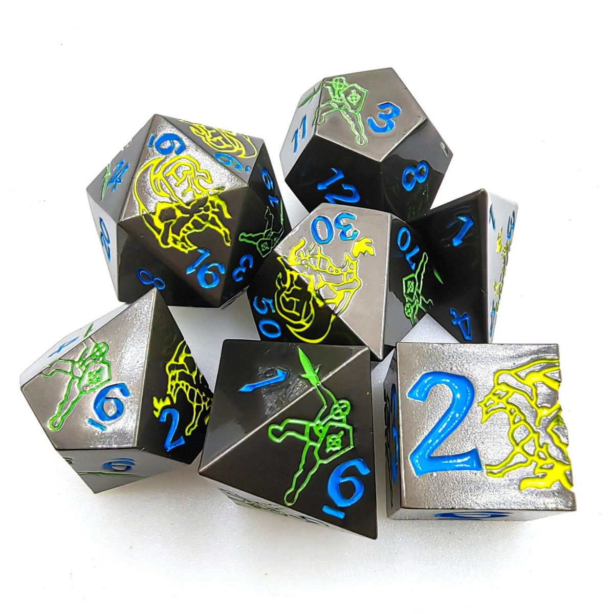 Dragon Warrior Black Metal DND Dice Set – Yellow Dragon and Warrior Black Metal Solid DND Dice Set + Blue Font