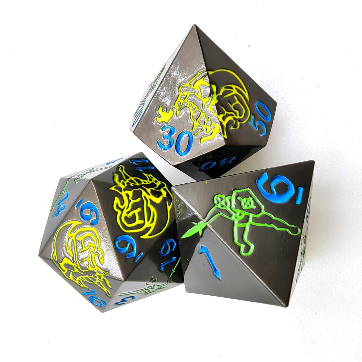 Dragon Warrior Black Metal DND Dice Set – Yellow Dragon and Warrior Black Metal Solid DND Dice Set + Blue Font
