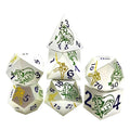 Dragon Warrior Metal DND Dice Set – Blue Numbers – White metal dice set with yellow warrior and green dragon + blue