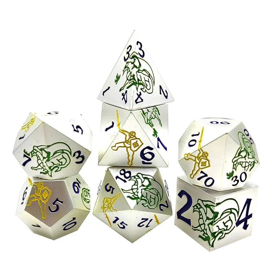 Dragon Warrior Metal DND Dice Set – Blue Numbers – White metal dice set with yellow warrior and green dragon + blue