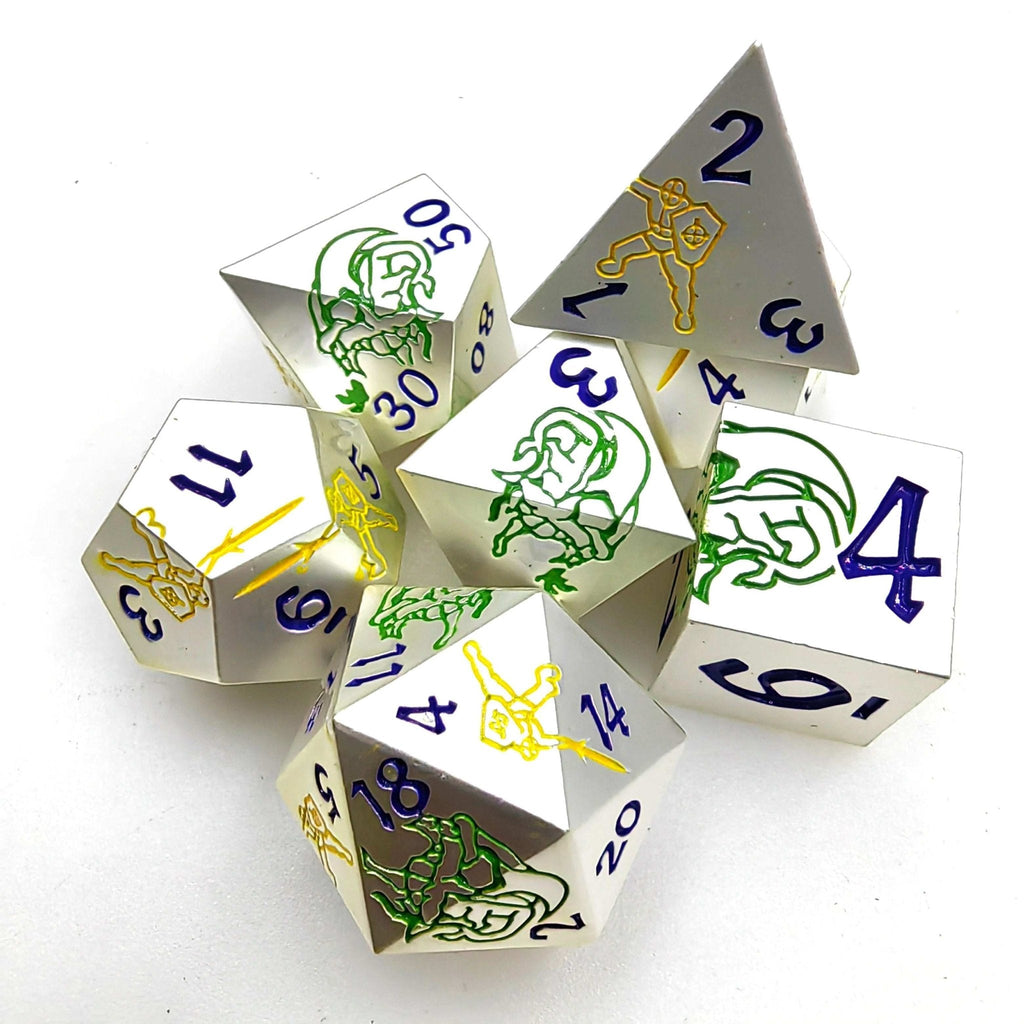 Dragon Warrior Metal DND Dice Set – Blue Numbers – White metal dice set with yellow warrior and green dragon + blue