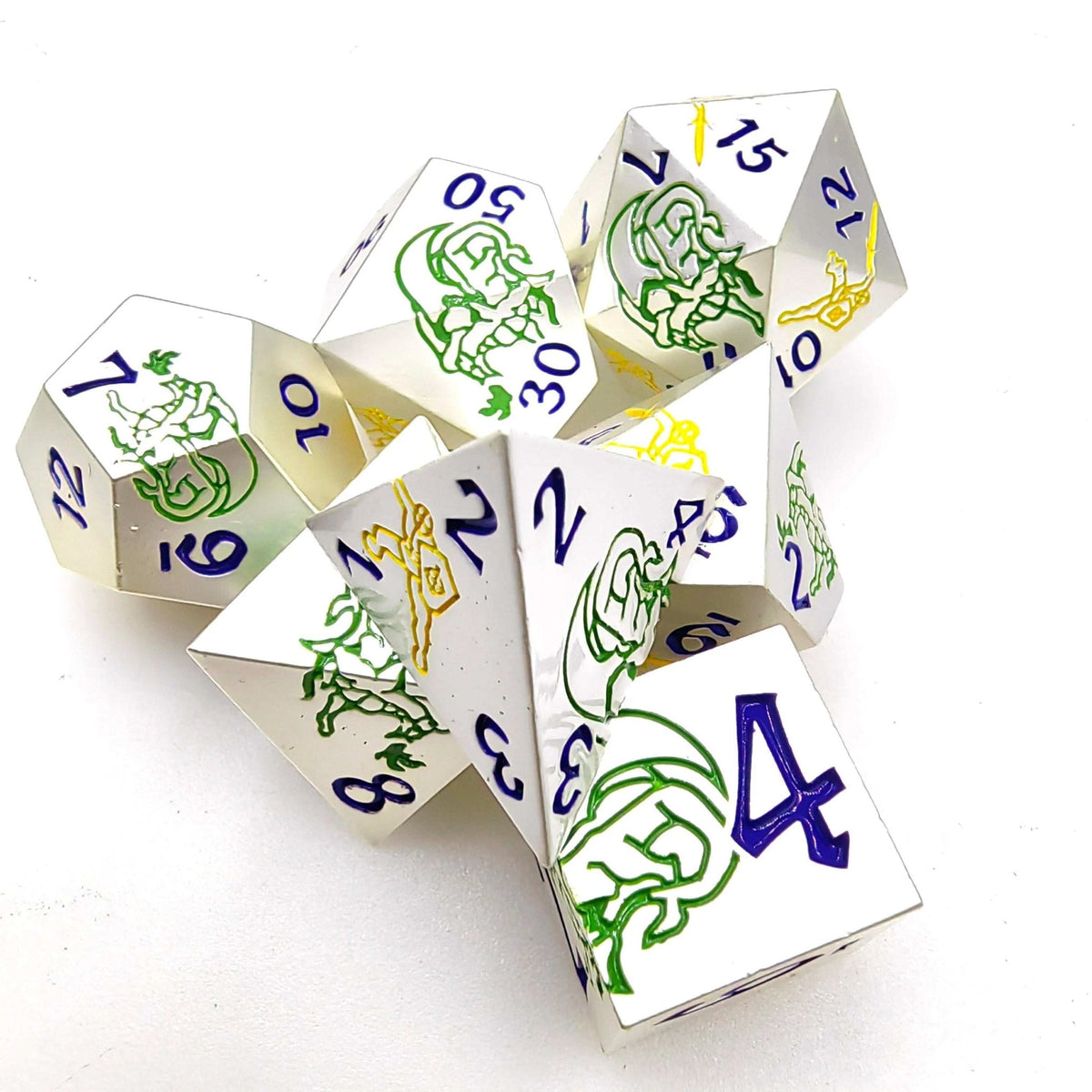 Dragon Warrior Metal DND Dice Set – Blue Numbers – White metal dice set with yellow warrior and green dragon + blue