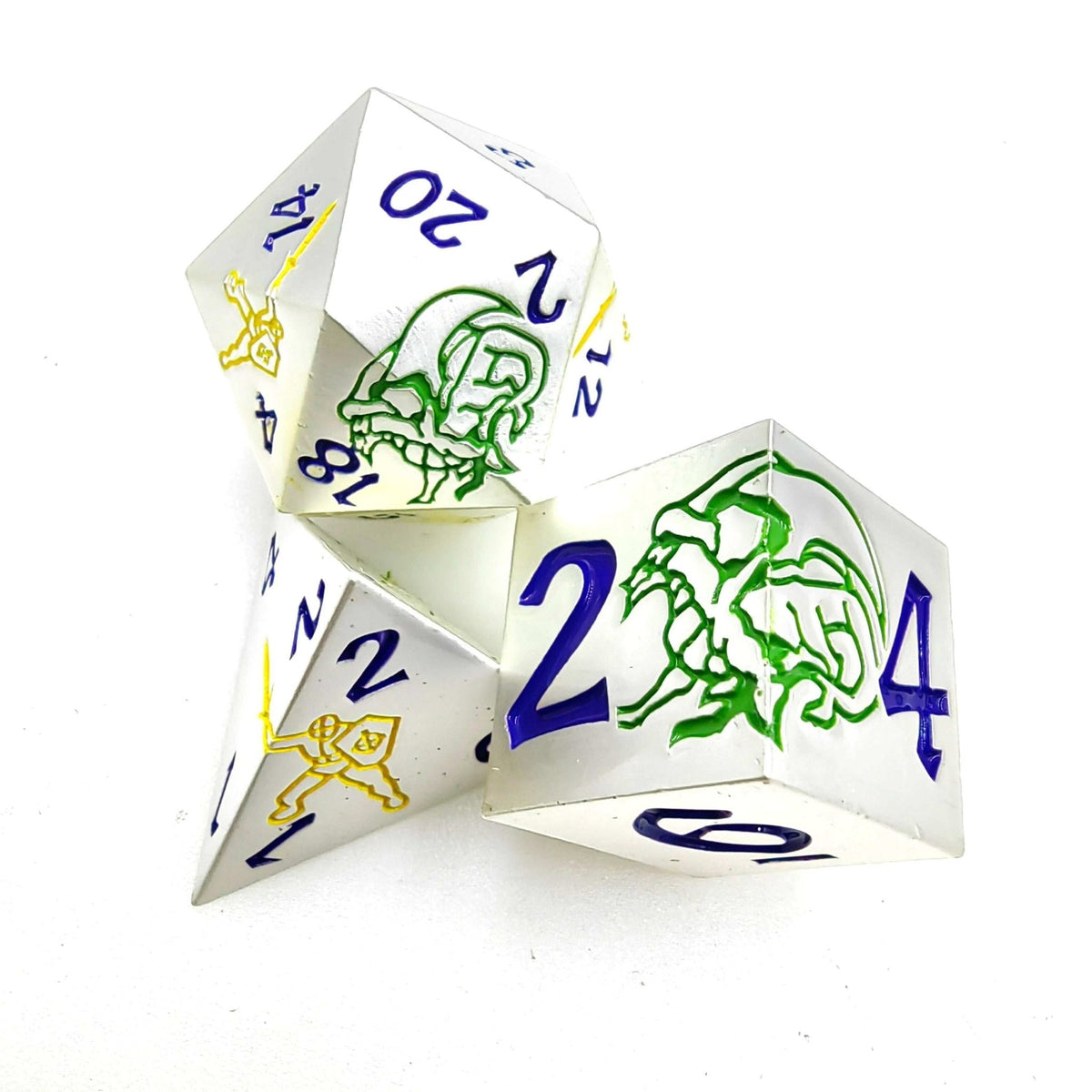Dragon Warrior Metal DND Dice Set – Blue Numbers – White metal dice set with yellow warrior and green dragon + blue