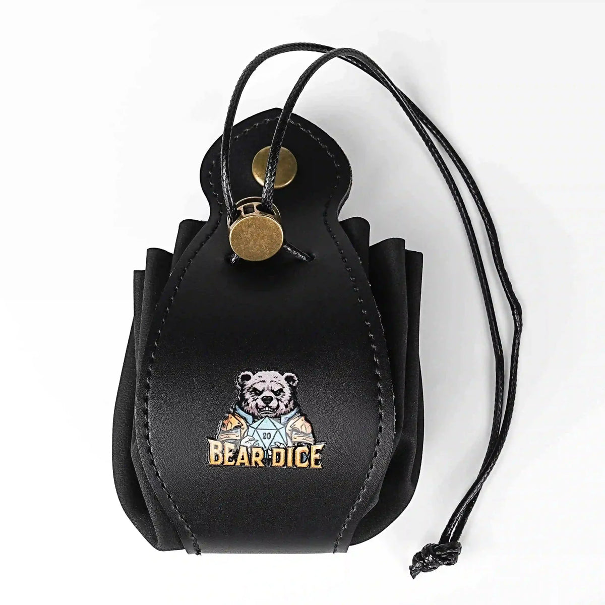 Drawstring Dice Box – Leather – Black leather DND drawstring dice bag with button closure and printed logo