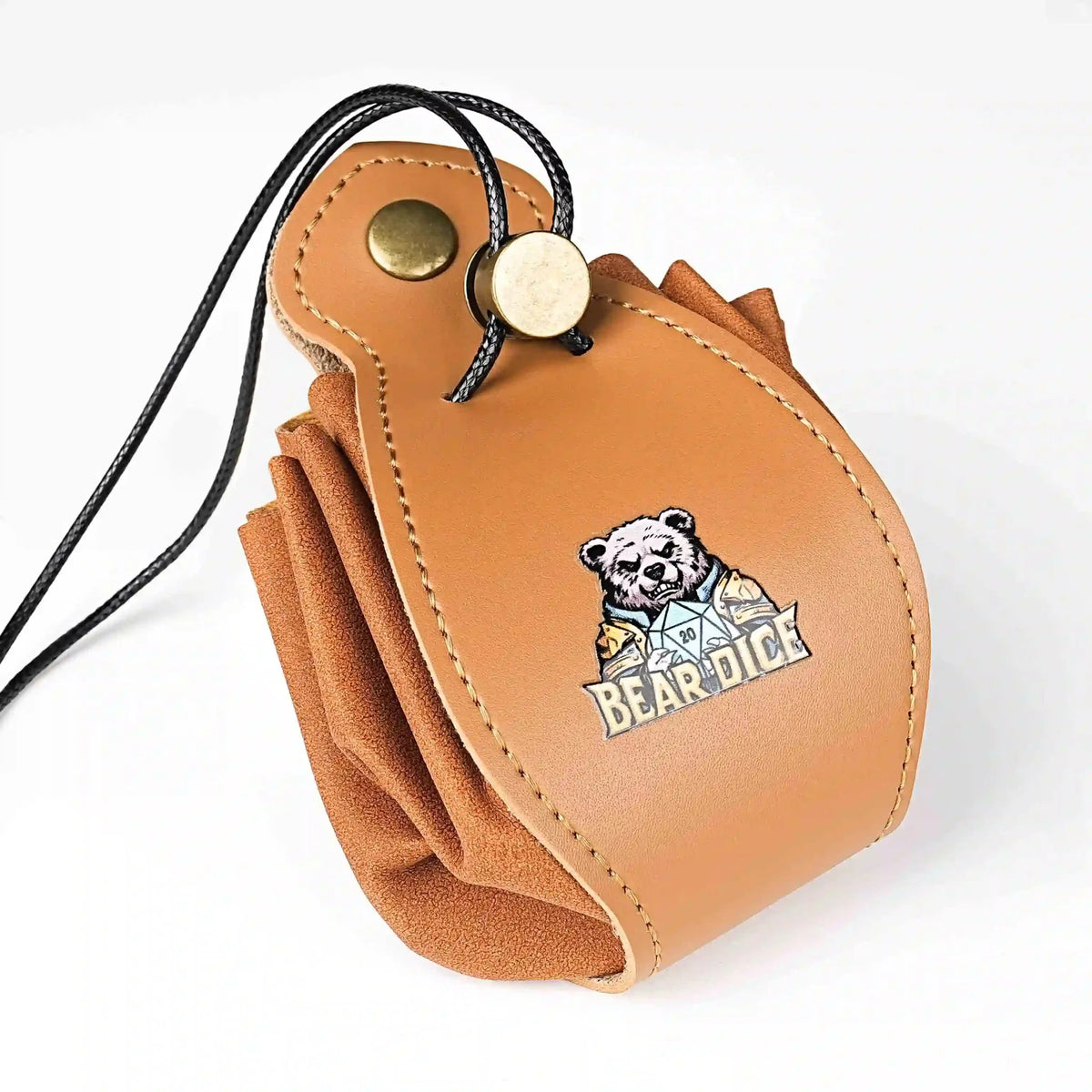 Drawstring Dice Box – Leather – Brown leather DND drawstring dice bag with button closure and printed logo