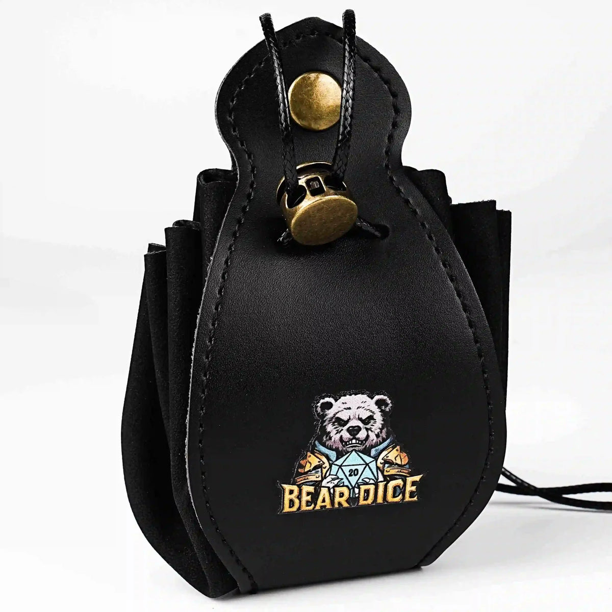 Drawstring Dice Box – Leather – Handcrafted black leather DND drawstring dice bag with button closure and printed logo