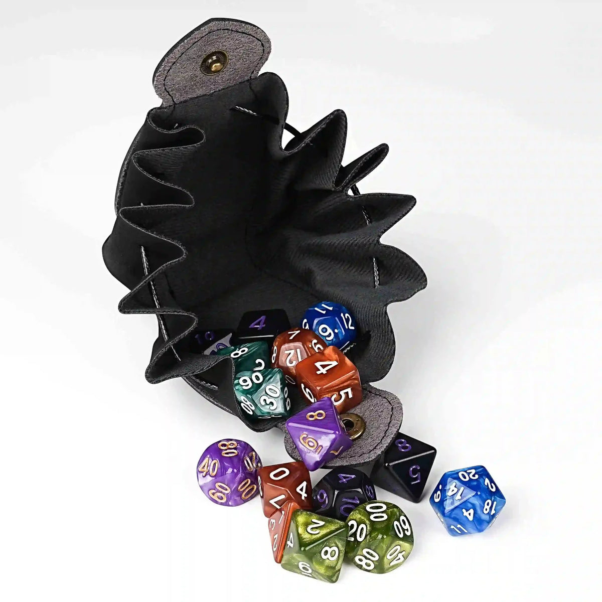 Drawstring Dice Box – Leather – Handcrafted black leather DND drawstring dice bag with button closure and printed logo.