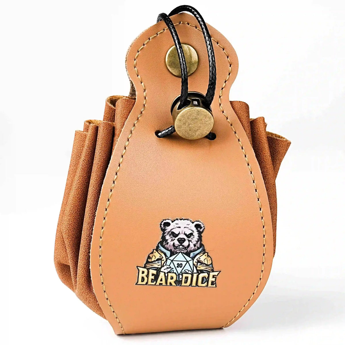 Drawstring Dice Box – Leather – Handcrafted brown leather DND drawstring dice bag with button closure and printed logo