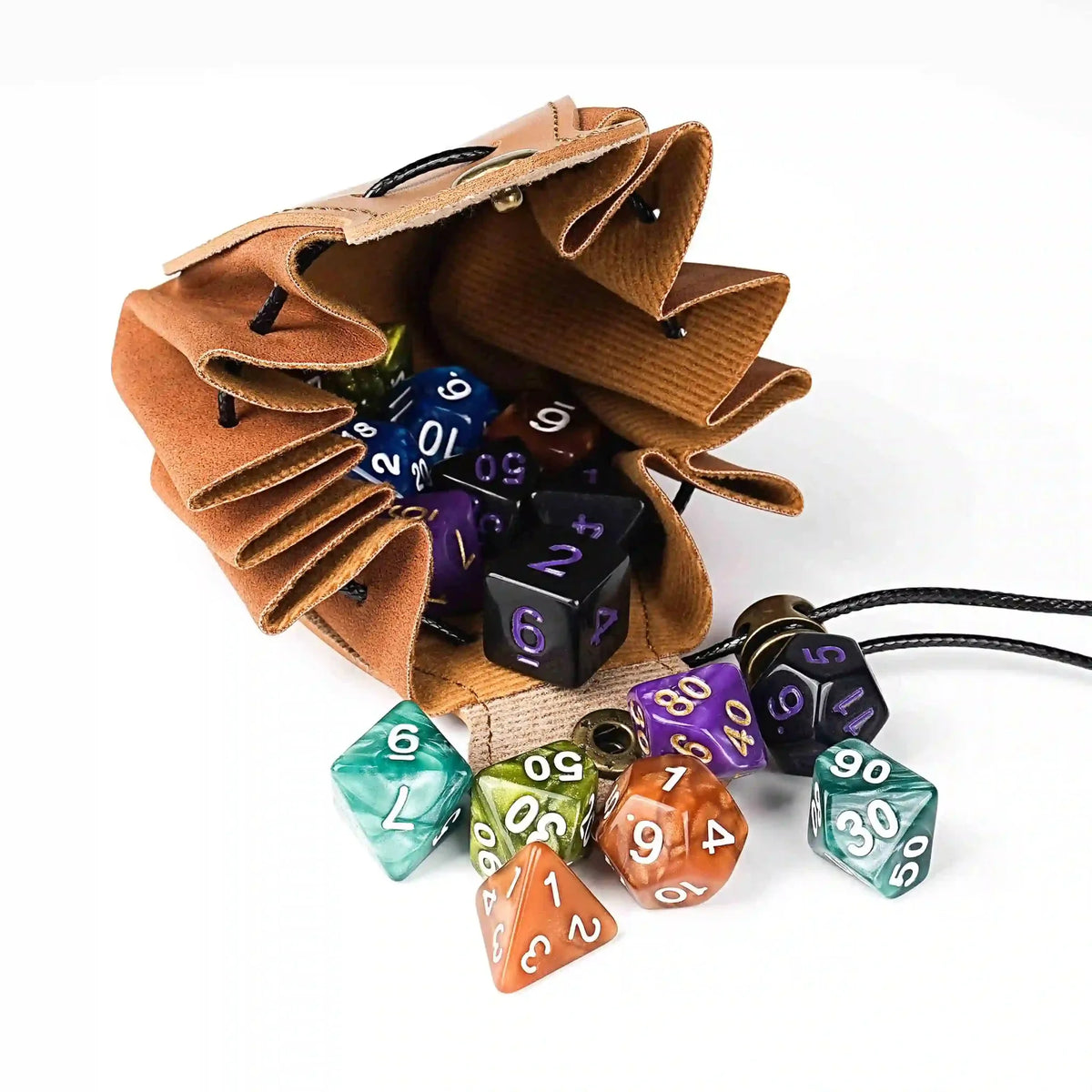 Drawstring Dice Box – Leather – Handcrafted brown leather DND drawstring dice bag with button closure and printed logo