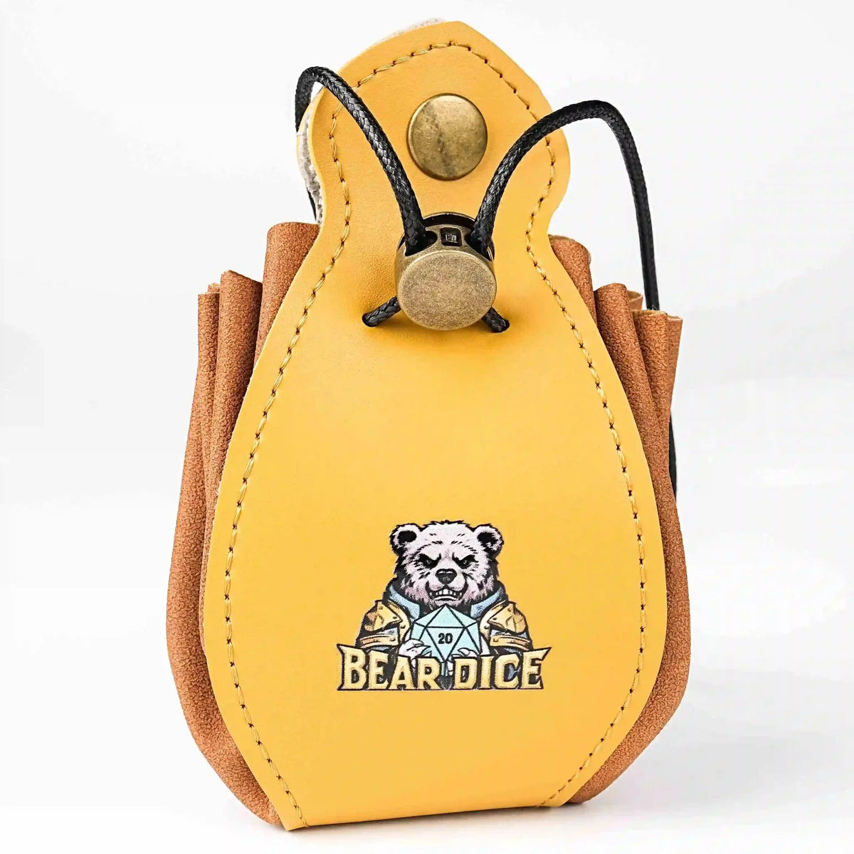Drawstring Dice Box – Leather – Handcrafted yellow leather DND drawstring dice bag with button closure and printed logo