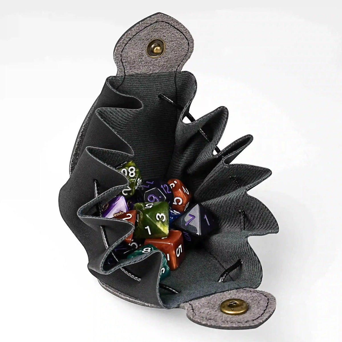 Drawstring Dice Box – Leather – Interior details of the handcrafted black leather DND drawstring dice bag with button