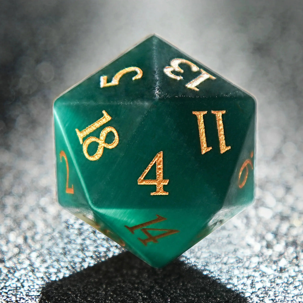 Dwarf Craftsman Natural Stone DND Dice Set – Gold Numbers – Dwarven artisan - DND Emerald D20 Dice with Gold Numbers