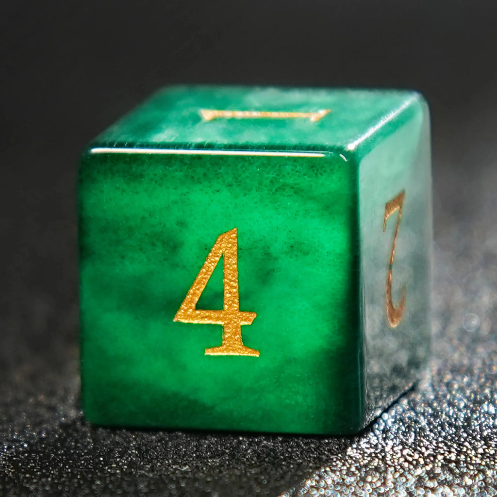 Dwarf Craftsman Natural Stone DND Dice Set – Gold Numbers – Dwarf Artisan - Emerald Gemstone DND D6 Dice + Gold Numbers