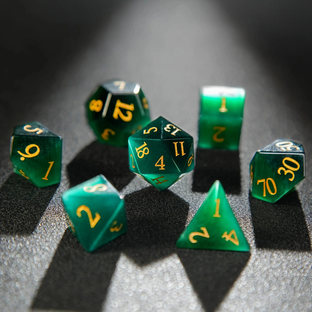 Dwarf Craftsman Natural Stone DND Dice Set – Gold Numbers – Dwarf Artisan - Emerald Gemstone DND Dice Set + Gold Numbers