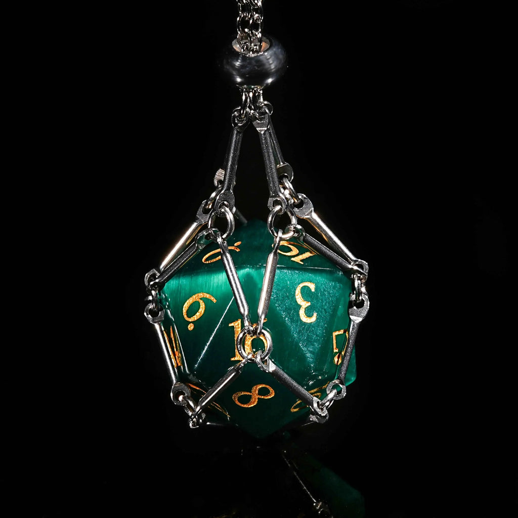 Dwarf Craftsman Natural Stone DND Dice Set – Gold Numbers – Silver dice necklace containing a DND emerald D20 dice