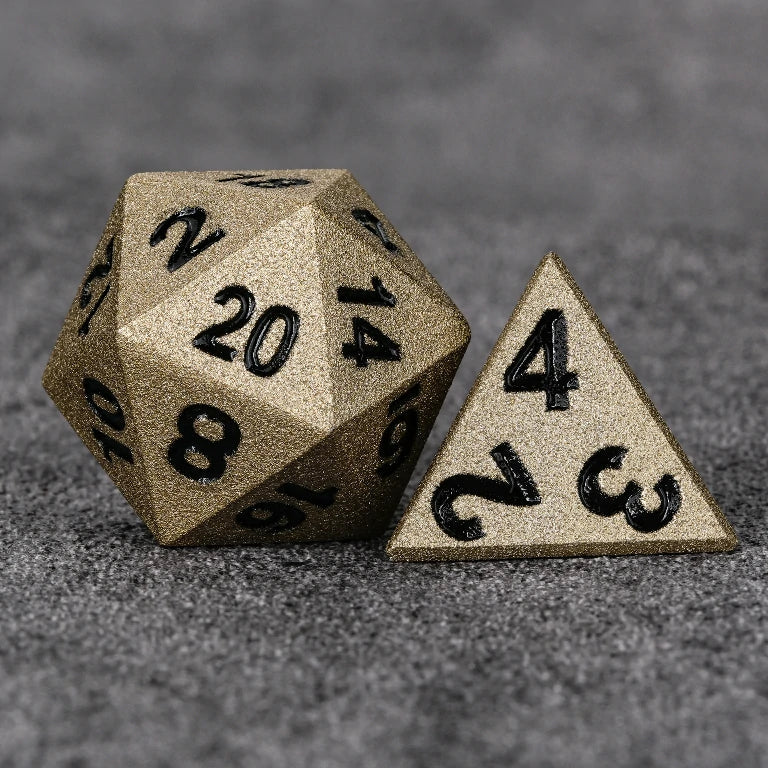 Dwarven Forged Metal RPG Dice Set – Dwarven Forge Antique Gold Metal DND D20 and D4 Dice with Black Numerals
