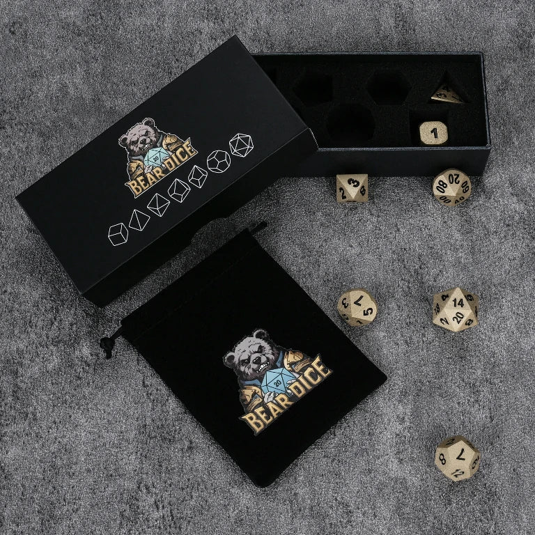 Dwarven Forged Metal RPG Dice Set – Dwarven Forge Antique Gold Metal D&D Dice Set with Black Numerals—Includes a Dice