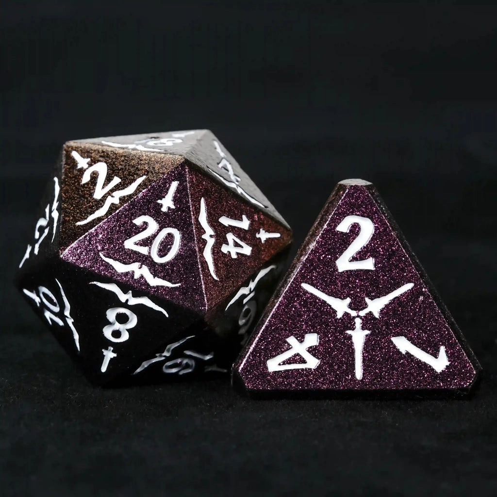 Eagle Metal DND Dice Set – Gradient Purple Metallic Eagle and Sword Series DND D20 and D4 Dice, White Numbers