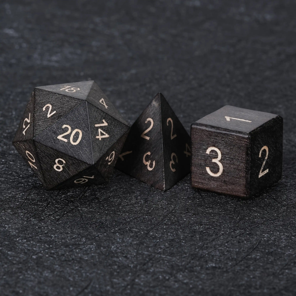Ebony Acrylic DND Dice Set – Black Ebony Wood D&D D20, D4, and D6 Dice with White Numbers