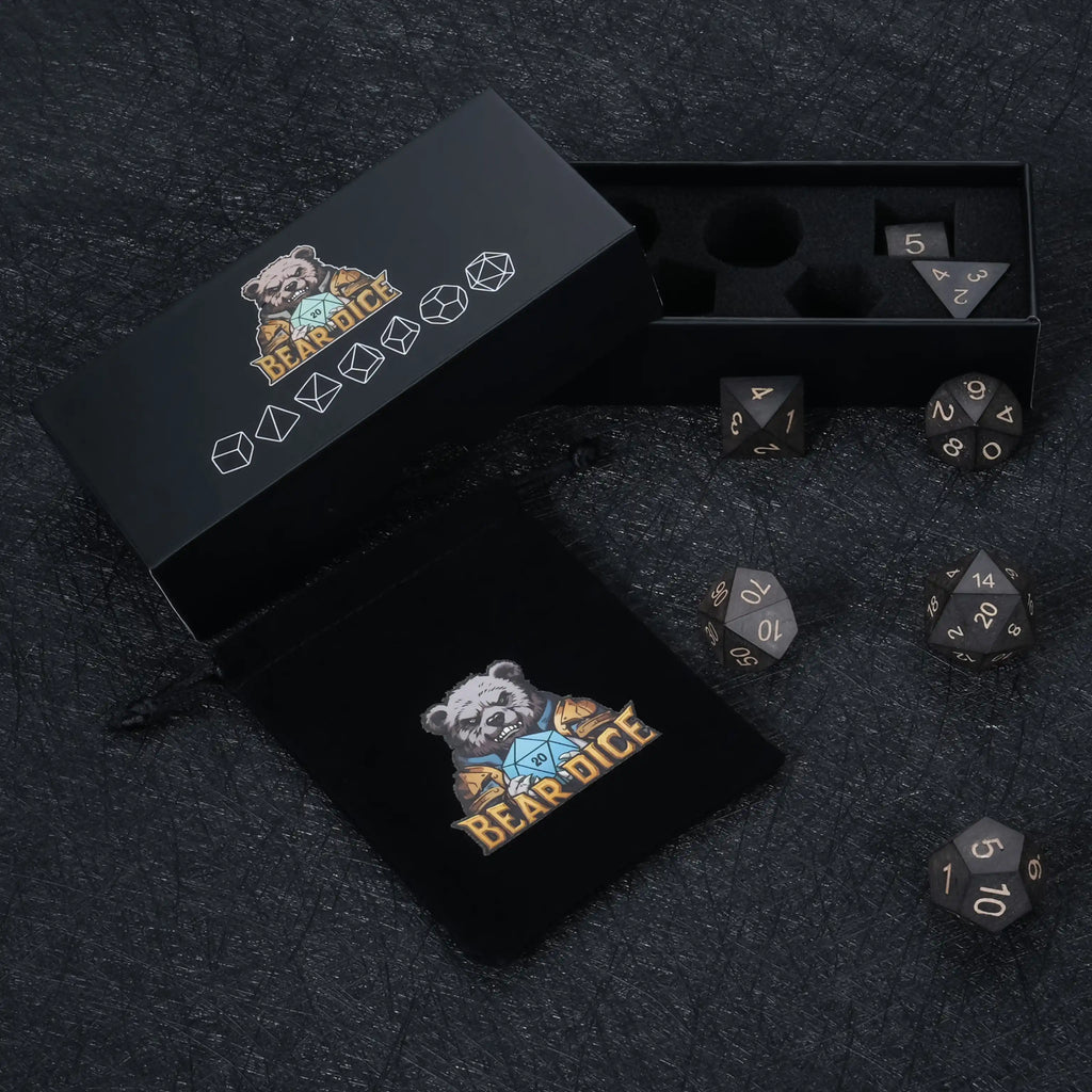 Ebony Acrylic DND Dice Set – Black Ebony Wood Dice Set, includes a black velvet drawstring dice bag and a black dice box