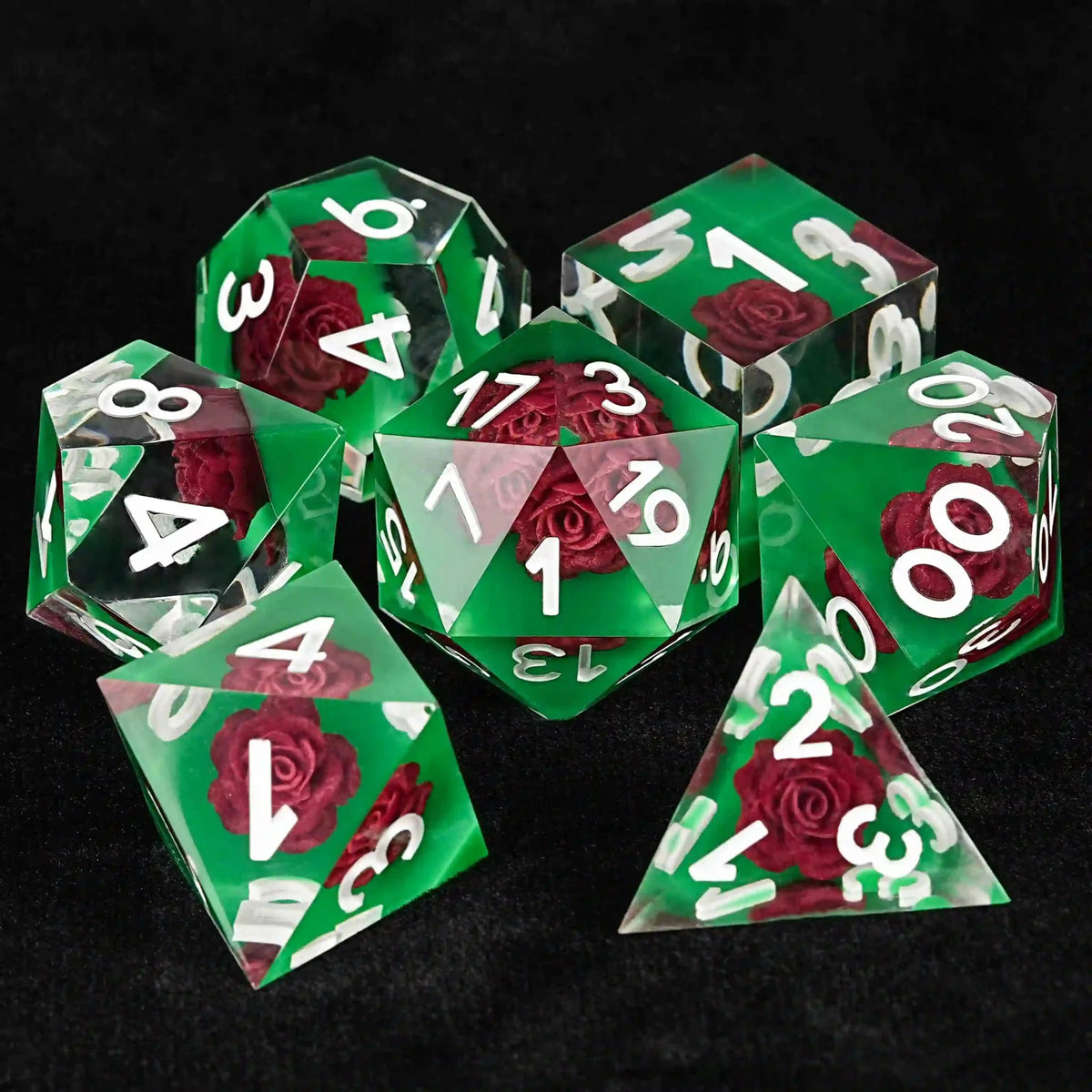 Elegant Sets Resin DND Dice Set – Green Rose Embedded Resin DND Dice Set + White Numbers
