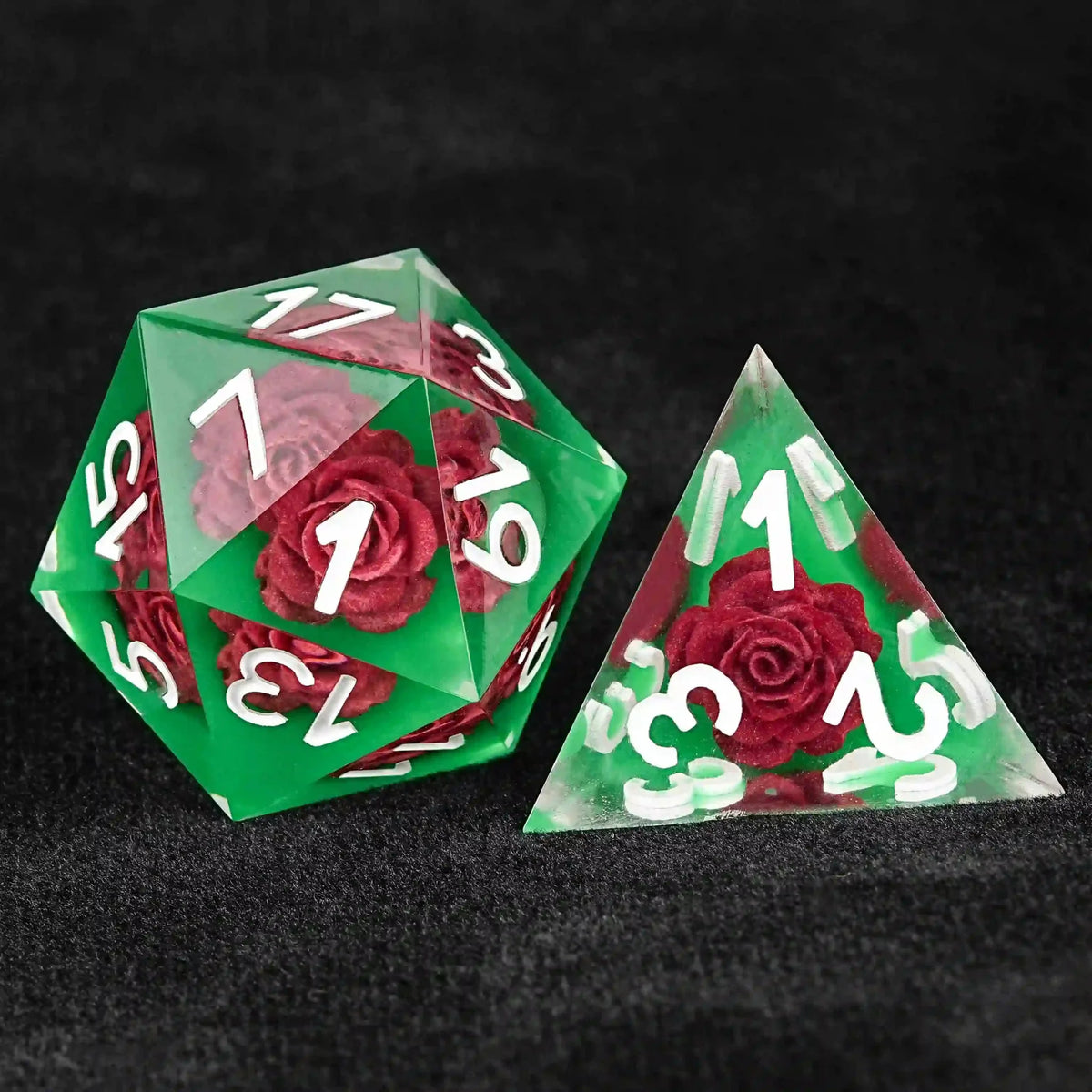 Elegant Sets Resin DND Dice Set – Green Rose Embedded Resin DND Dice Set + White Numbers