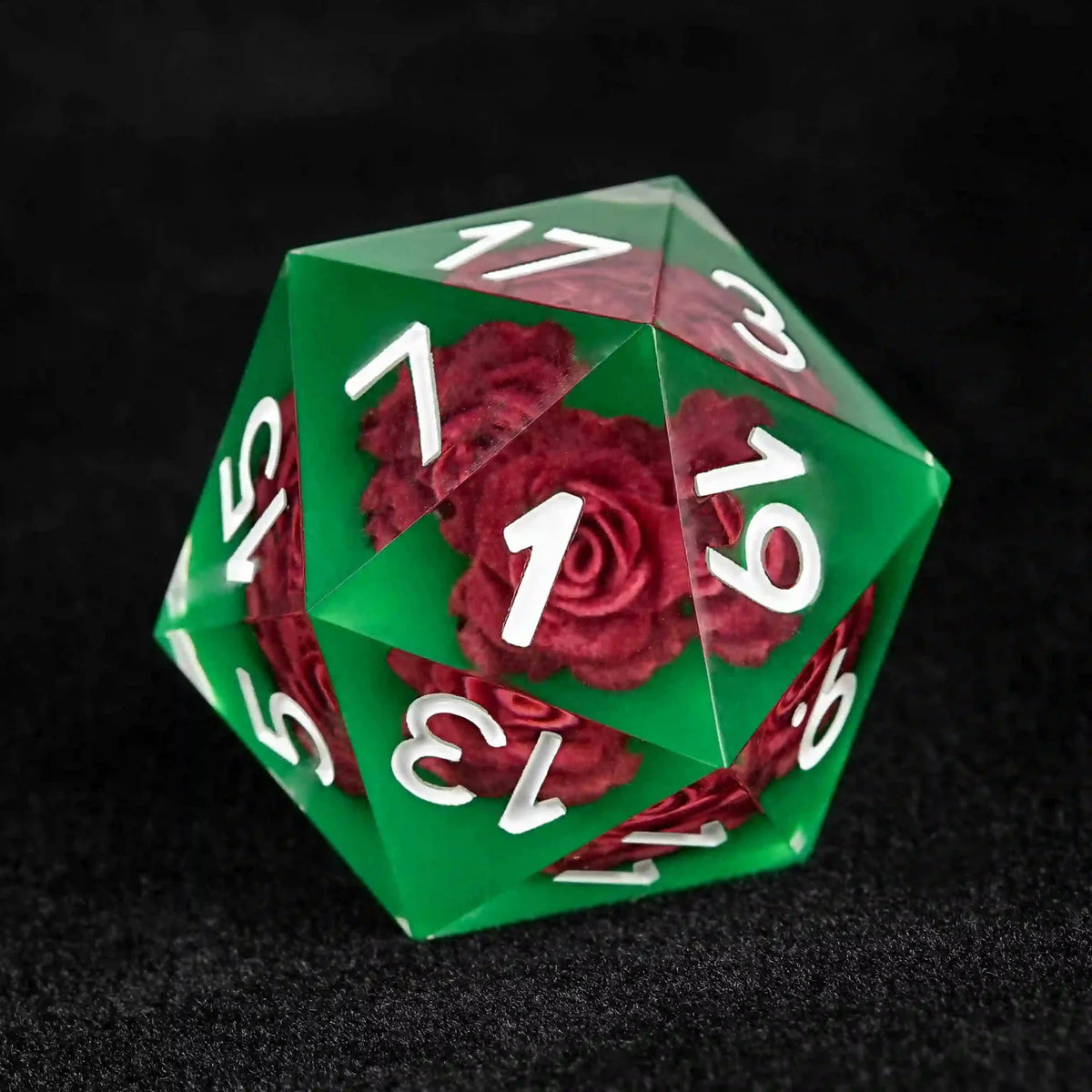 Elegant Sets Resin DND Dice Set – Green Rose Embedded Resin DND Dice Set + White Numbers