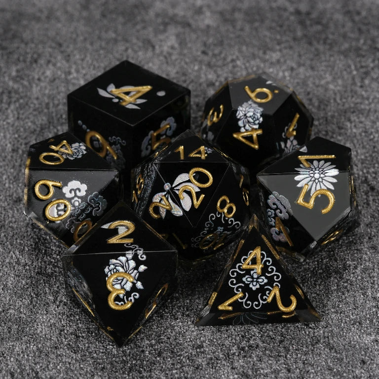 Emblem Resin DND Dice Set – Gold Numbers
