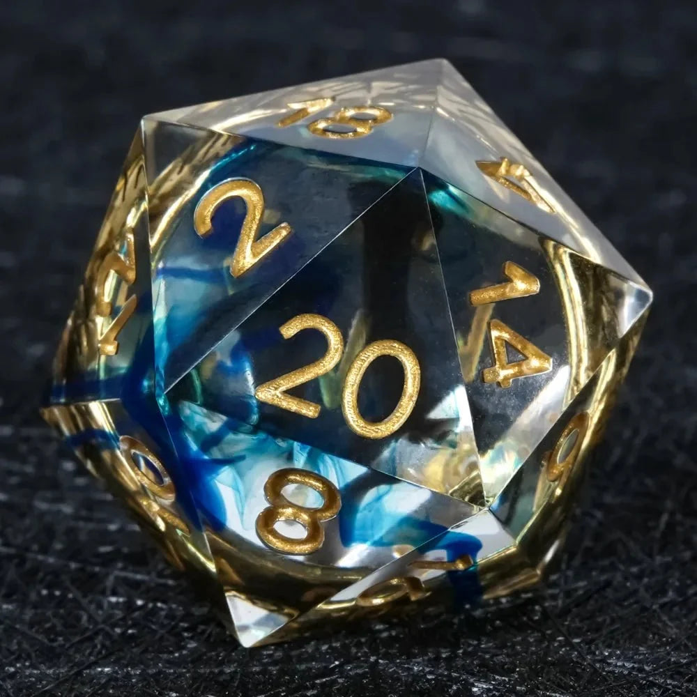 Exclusive Wedding Liquid Core DND Dice Set – Sharp-edged blue transparent resin D20 dice, containing an engraved gold
