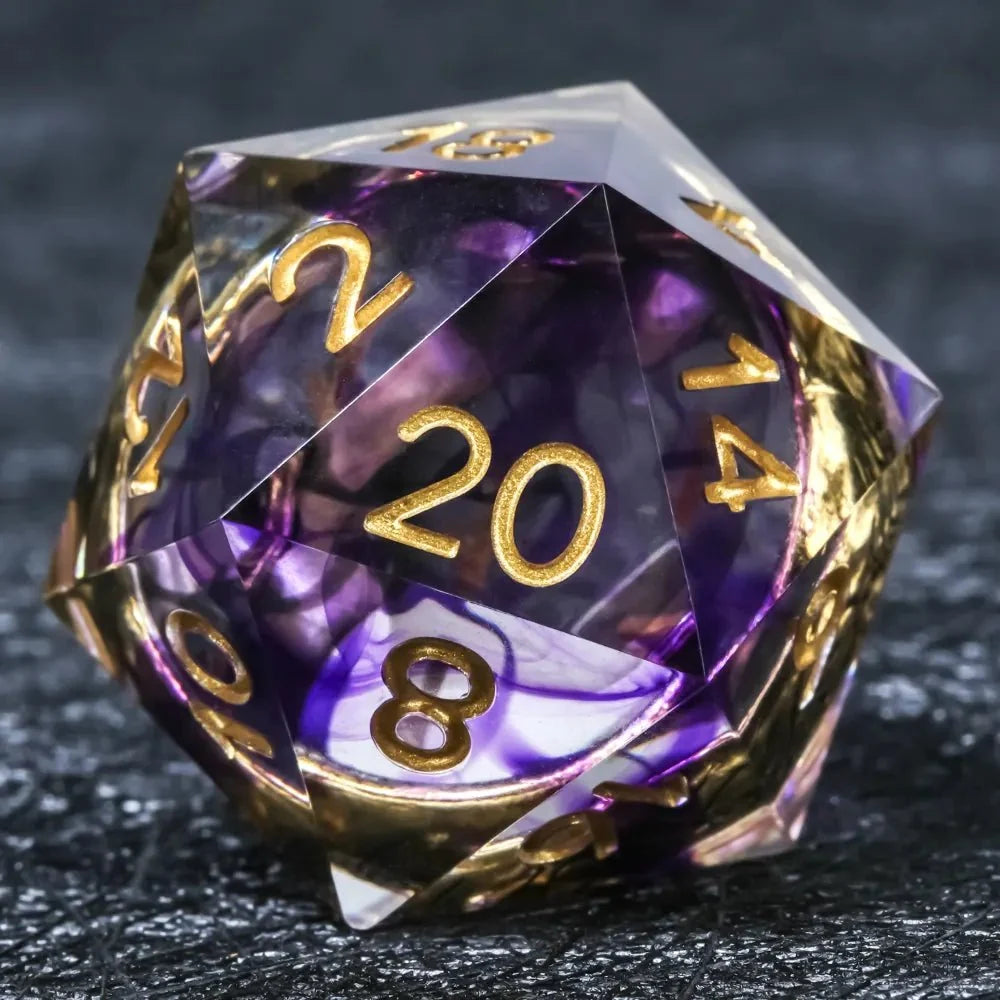 Exclusive Wedding Liquid Core DND Dice Set – Sharp-edged purple transparent resin D20 dice, containing an engraved gold